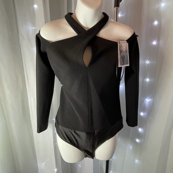 Badgley Mischka Bodysuit Cold Shoulder Black Sexy - Picture 6 of 6